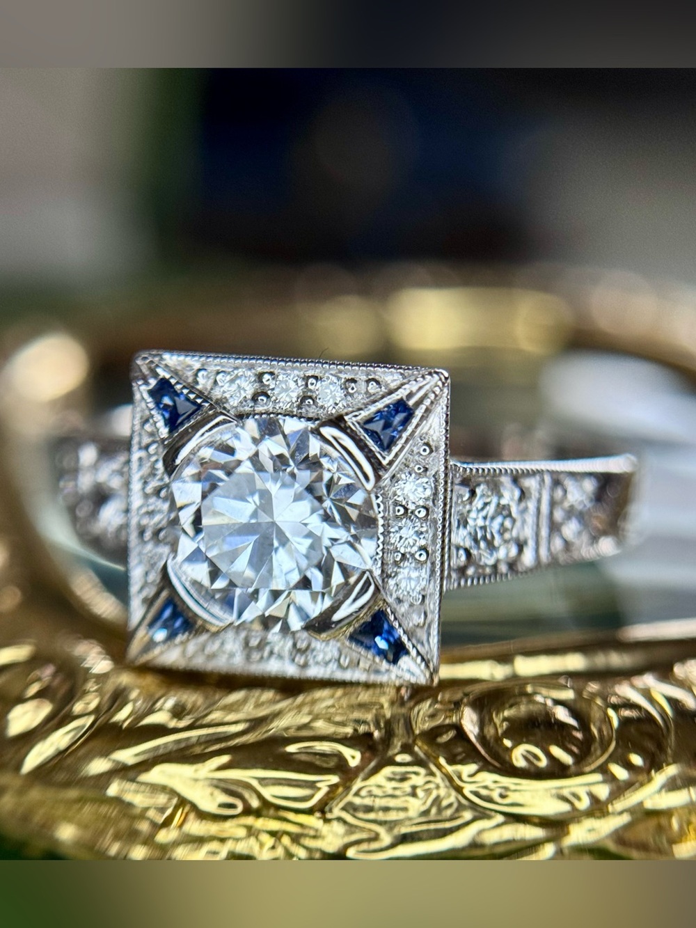 New Jolie Art Deco Inspired 14k White Gold Diamond and Sapphire Engagement Ring